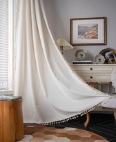 Set van 2 vintage Boho-gordijnen, ondoorzichtig, beige, landelijke stijl, katoenen linnen gordijnen met kwastjes, voor woonkamer, slaapkamer, 150 x 160 cm