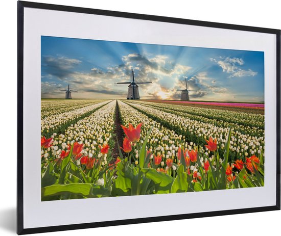 Fotolijst incl. Poster - Windmolen - Tulpen - Lucht - Natuur - 60x40 cm - Posterlijst