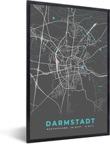 Fotolijst incl. Poster - Darmstadt – Stadskaart – Blauw – Plattegrond – Stadskaart – Kaart - Duitsland - 60x90 cm - Posterlijst
