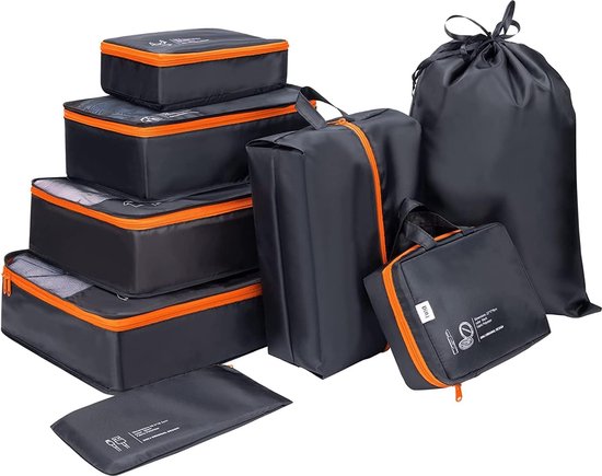 8-delige koffer-organizerset, reis-packing cubes, pakzakken voor koffers, pakkubussen voor kleding, reisorganizers, kledingtassen, schoenenzak en waszak, zwart