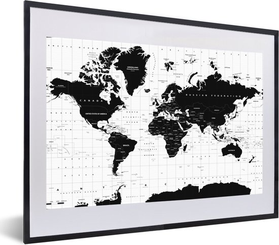 Fotolijst incl. Poster - Wereldkaart - Zwart - Wit - Atlas - Aarde - Educatief - 60x40 cm - Posterlijst