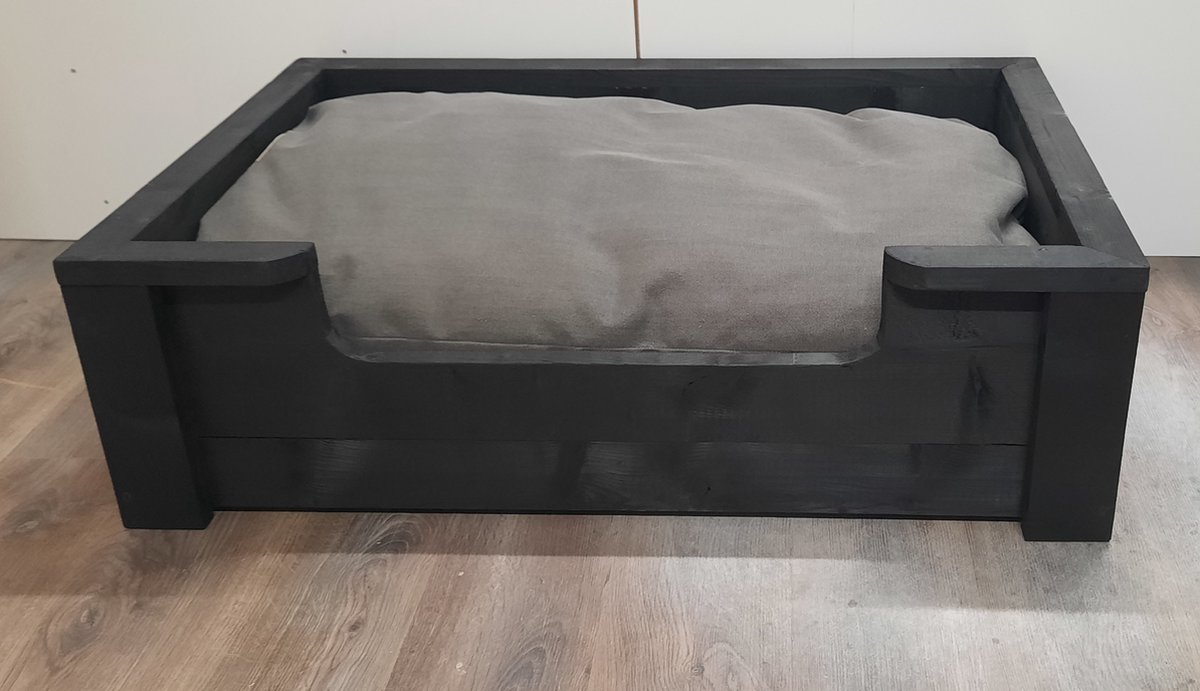 Houten hondenmand Vito van zwart steigerhout inclusief antraciet kussen 110x80x30cm