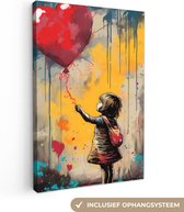 Canvas Schilderij Meisje - Ballon - Hart - Graffiti - 80x120 cm - Wanddecoratie