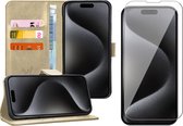 Hoesje geschikt voor iPhone 15 Pro Max - Screen Protector GlassGuard - Book Case Leer Pasjeshouder Goud & Screenprotector