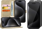 Hoesje geschikt voor iPhone 15 Pro - Privacy Screen Protector FullGuard - Book Case Leer Pasjeshouder Goud & Screenprotector