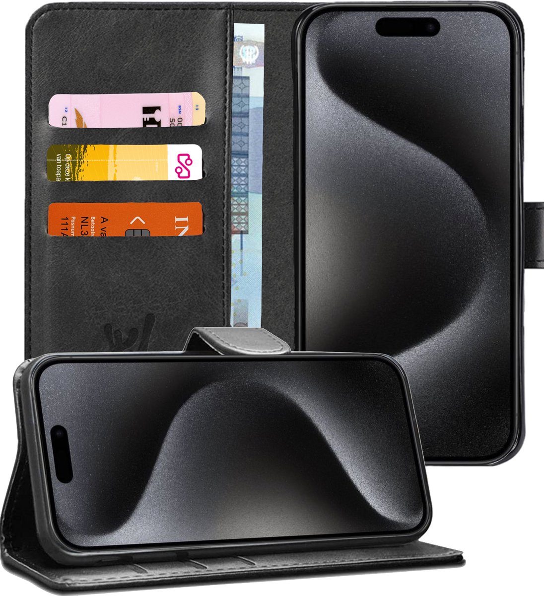 Hoesje geschikt voor iPhone 15 Pro Max - Book Case Kunstleer Pasjeshouder Zwart