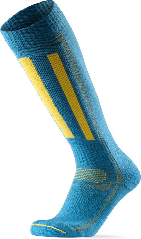 Blauwe skisok met gele strepen en logo.
