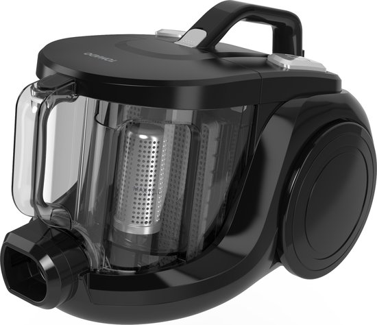 Aspirateur noir avec réservoir à poussière transparent, vu de face droite.