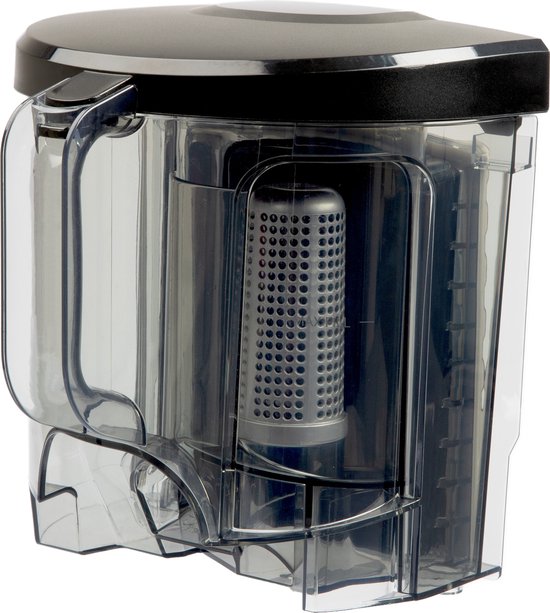 Conteneur à poussière transparent avec filtre gris, avant vers la droite, couvercle noir.