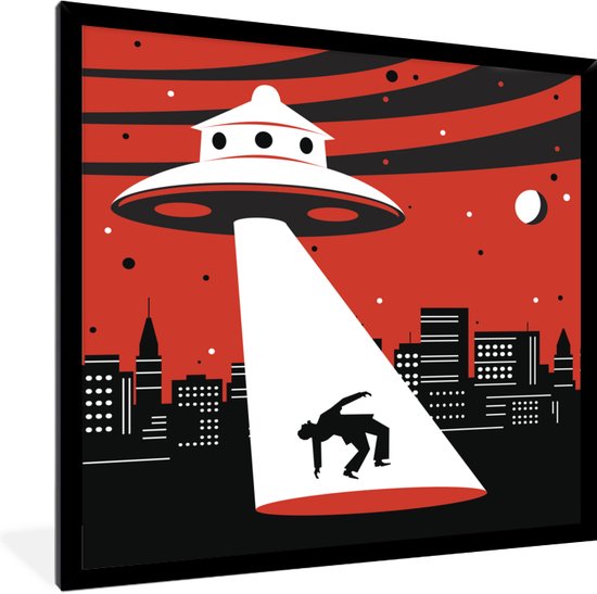 Image encadrée - Une illustration d'un OVNI qui enlève une personne Cadre photo noir 40x40 cm - Affiche encadrée (Décoration murale salon / chambre)