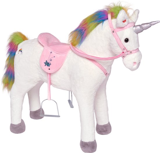 Witte pluche eenhoorn met roze hoofdstel, zadel met sterren. Regenboogmanen en -staart.