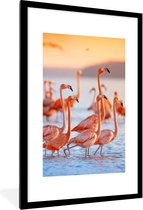 Poster - Fotolijst - Flamingo - Zonsondergang - Vogel - Tropisch - Kader - 60x90 cm - Poster frame - Poster flamingo - Poster dieren - Foto in lijst - Kamer decoratie