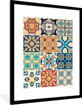 Fotolijst incl. Poster - Bloemen - Vintage - Patroon - Blauw - Oranje - 60x80 cm - Posterlijst