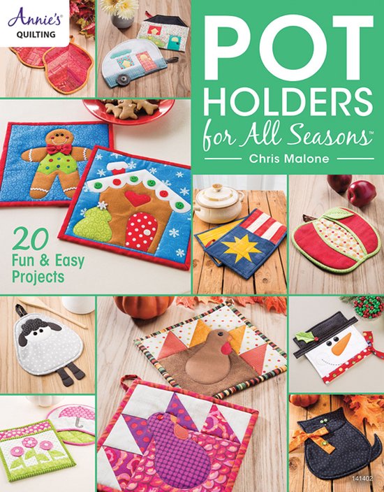 Boek "Pot Holders for All Seasons" met 20 patronen: gingerbread man, kersthuisje, rendier, sneeuwpop, appel en schaap.