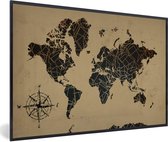 Fotolijst incl. Poster - Wereldkaart - Vintage - Kompasroos - 30x20 cm - Posterlijst