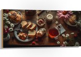 Hout - Eten - Drinken - Thee - Brood - Fruit - Bloemen - Bestek - 100x50 cm - 9 mm dik - Foto op Hout (Met Ophangsysteem)