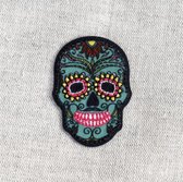 Patch motif gekleurd doodshoofd - sugar skull - blauw strijkbaar naaibaar applicatie