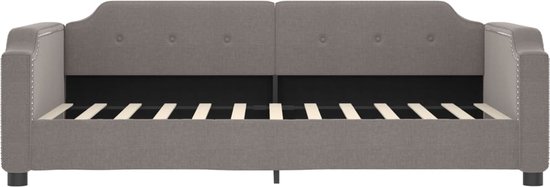Taupe slaapbank met onderschuifbed, versierd met zilverkleurige kopnagels