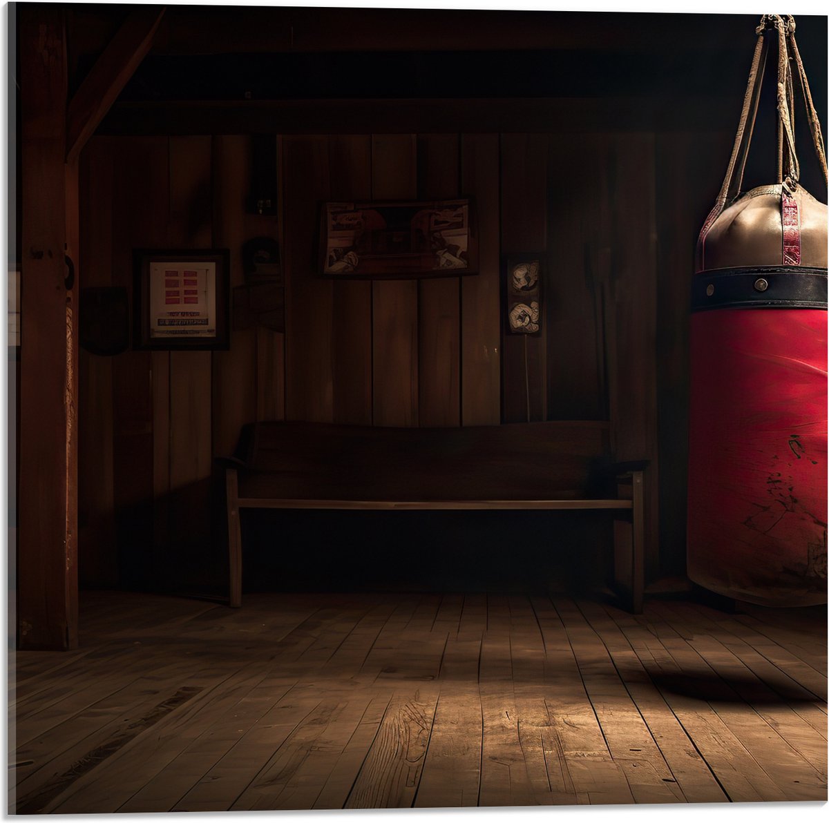 Acrylglas - Kamer - Bokszak - Palen - Sporten - Hout - 50x50 cm Foto op Acrylglas (Met Oph