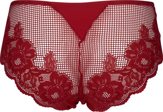 Rood hipster broekje met kanten bloemenmotief op de achterkant en mesh.