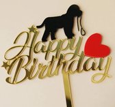 Acryl taart topper Happy Birthday goud met zwarte puppy en een rood hartje - puppy - hond - taart -topper - huisdier - verjaardag