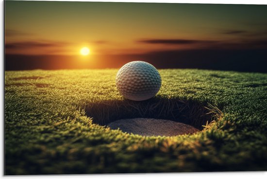 Dibond - Golf - Golfbal - Zonsondergang - 75x50 cm Foto op Aluminium (Wanddecoratie van metaal)