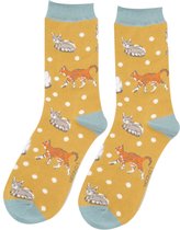 Miss Sparrow - Bamboe sokken dames katten - mustard - dierenprint - kattenprint - kattenliefhebber - grappige sokken - cadeautje