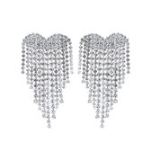 Heart Strass Oorhangers - Zilverkleurig | 5,5 x 3 cm | Bijoux / Messing | Fashion Favorite