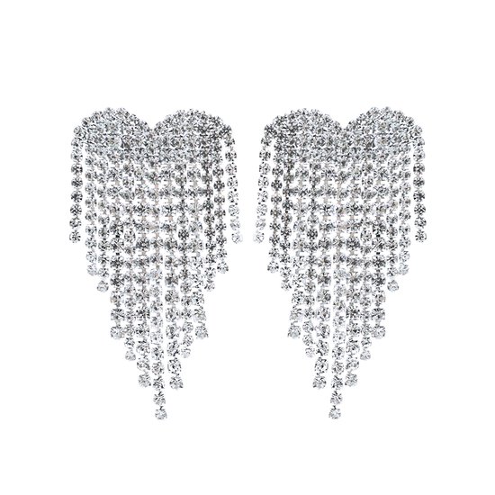 Heart Strass Oorhangers - Zilverkleurig | 5,5 x 3 cm | Bijoux / Messing | Fashion Favorite
