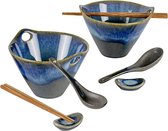 Bol à ramen en céramique, bols à soupe de nouilles avec baguettes, cuillère et repose-cuillère, vaisselle japonaise, bol à Fenêtres bleu pour nouilles asiatiques – 2 x 600 ml