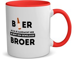 Akyol - bier, nu ik je aandacht heb je bent een geweldige broer koffiemok - theemok - rood - Broer - de beste broer - verjaardagscadeau - verjaardag - cadeau - cadeautje voor broer - broer artikelen - kado - geschenk - gift - 350 ML inhoud