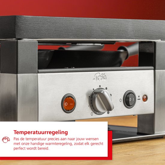 Gedetailleerd beeld van de bedieningsknoppen van een tafelgrill, met een draaiknop en twee schakelaars. Tekst "Temperatuurregeling" staat in een rood vlak.