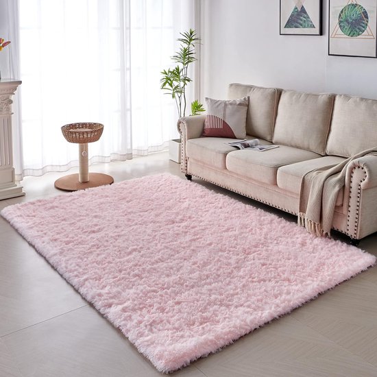 Hoogpolig woonkamertapijt, shaggy halloper, modern, wollig, zacht, groot vloerkleed, woonkamerdecoratie, slaapkamer, kinderkamer (60 x 100 cm, roze)