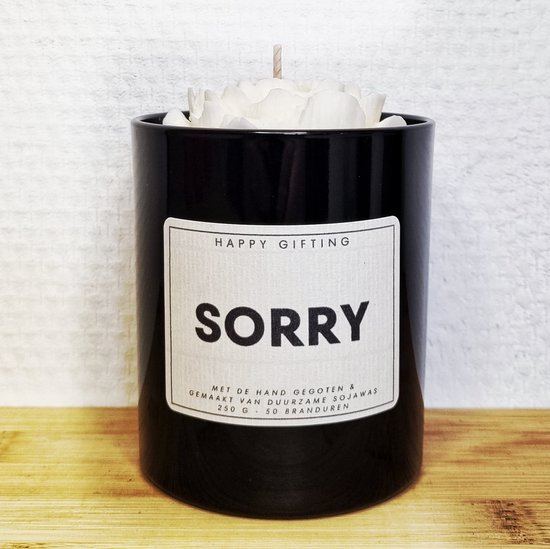 Sorry - Soja was geurkaars - Witte roos - Kaarsglas glanzend zwart - Kaneel geur - 250 gram - 50 branduren - Geurkaars - Kaars - Kaars met tekst - Soja was – Soy wax – Handgemaakt – Cadeau – Cinnamon- Geschenk – Duurzaam