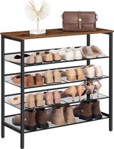Schoenenrek, 5-laags schoenenkast, verstelbaar schoenenrek, schoen organisator, platte en kantelbaar, voor 12-16 paar schoenen, stal, voor gang, woonkamer, vintage bruin-zwart EBF01XJ01