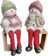 Set van 2 stuks - Sneeuwmannen met bungelbenen - H=23,5cm B=10cm - Rood en Groen - Kerstbeeldjes