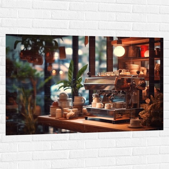 Muursticker - Koffie - Apparaat - Planten - Kopjes - Lamp - 120x80 cm Foto op Muursticker