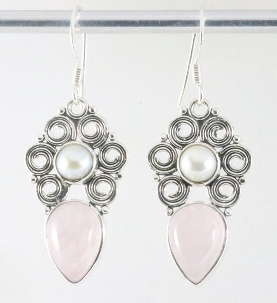 Bewerkte zilveren oorbellen met rozenkwarts en parel