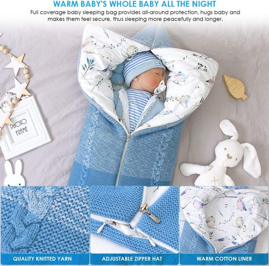 Kinderwagendeken, pasgeborenen, wikkeldeken, warme slaapzak voor baby's van 0-12 maanden (blauw)
