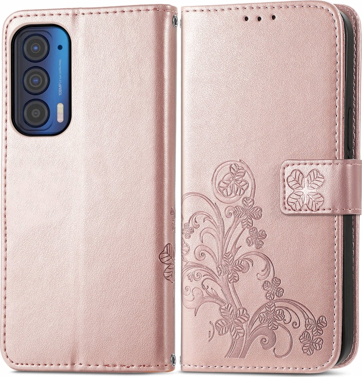 Mobigear Telefoonhoesje geschikt voor Motorola Edge (2021) Hoesje | Mobigear Clover Bookcase Portemonnee | Pasjeshouder voor 3 Pasjes | Telefoonhoesje voor Pinpas / OV Kaart / Rijbewijs - Roségoud
