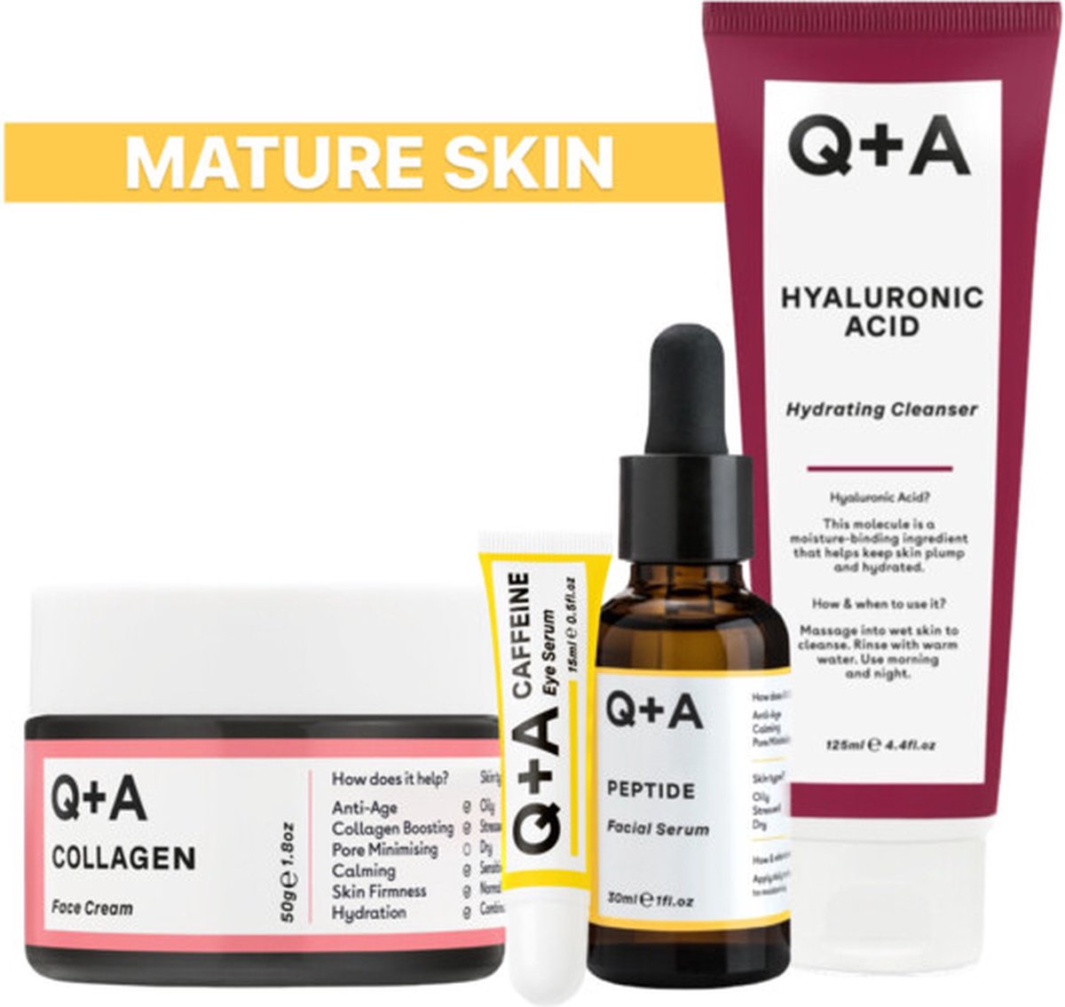 Q+A Mature Skin - Reinigingsgel 1x 125 ml & Gezichtsserum 1x 30 ml & Dagcréme 1x 50 gr & Oogserum 1x 15 ml - Pakket