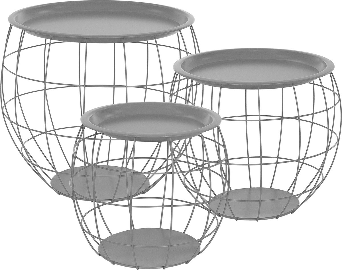 ml-design Bijzettafel Set van 3, Rond, Grijs, Metalen Manden Salontafel 3 Maten Ø31cm/Ø38cm/Ø47cm, Metaal, Afneembaar Tafelblad, Opbergruimte, 3 Stuks Woonkamer Tafels Sofa Salontafels Set Tafels
