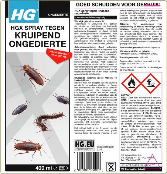 Spuitbus met blauwe dop en oranje band, met opschrift 'HGX spray tegen kruipend ongedierte', afbeeldingen van insecten en gedetailleerde tekst.