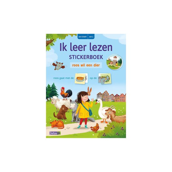 Boek "Ik leer lezen stickerboek" met een meisje in een gele jas, omringd door boerderijdieren zoals een kip, geit, schaap en gans.