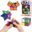 Collage van de Clown Magic Cube 2-in-1: de verpakking, de kubus in ster- en slangvorm, en handen die de kubus manipuleren.
