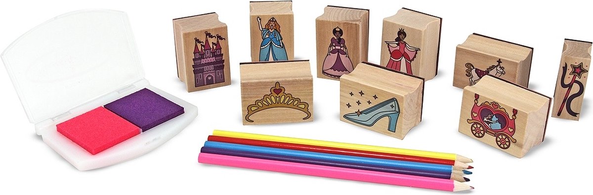 Melissa & Doug Houten prinsessenstempelset: 9 stempels, 5 kleurpotloden en 2-kleurig stempelkussen