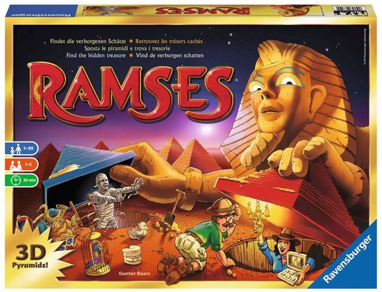 Doos van het bordspel Ramses, met farao, piramides en schatzoekers.