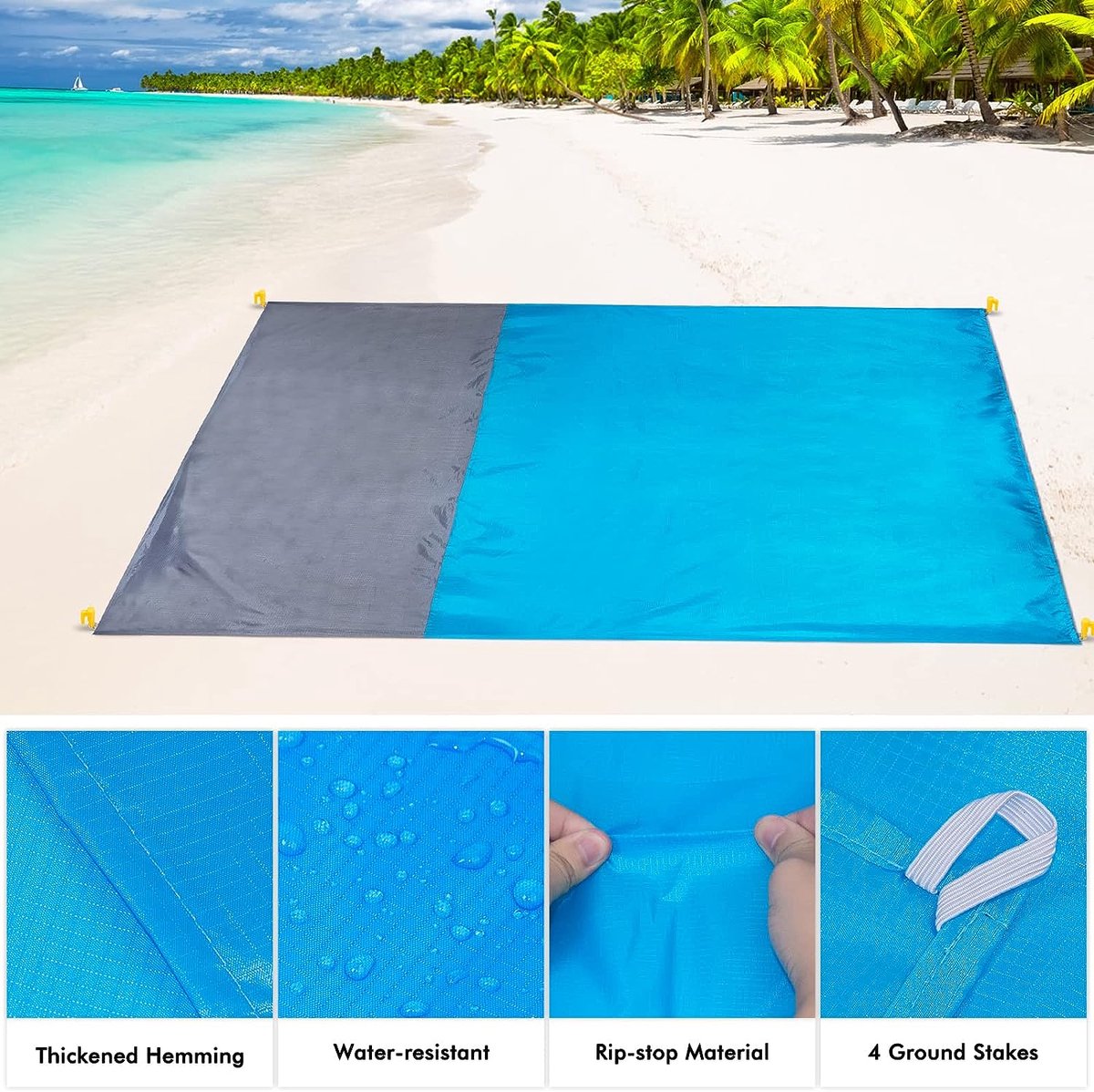 Brovamo Strandmat, 210 x 200 cm, stranddeken, waterdicht, anti-zand, draagbaar, ultralicht, blauw