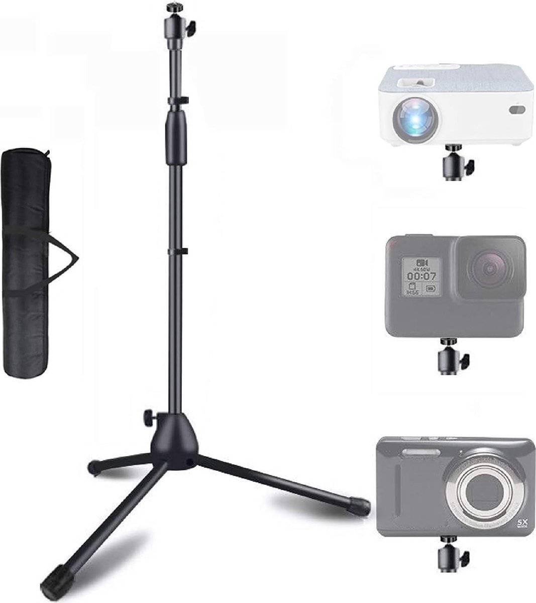 Verstelbare statiefhoogte 83-145 cm, draagvermogen 5 kg, 1/4 inch & 3/8 inch compatibel, 360° draaibare bal, stabiele houder voor miniprojector/DSLR-camera, met draagtas (alleen statief)