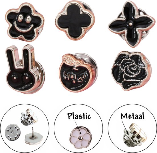 Ensemble de six mini-broches différentes : fleur, trèfle, lapin, pomme, rose, fleur à perle.